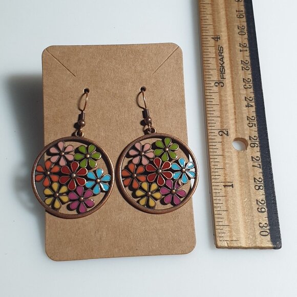 Colorful Flower Circle Drop Dangle Earrings Copper Tone Round Boho Jewelry Gift - Picture 2 of 4
